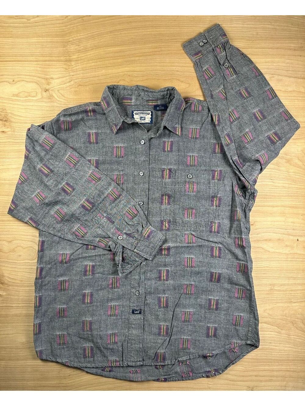 Vintage 90s Lee button up shirt woven geometric large 100 cotton chambray pencil